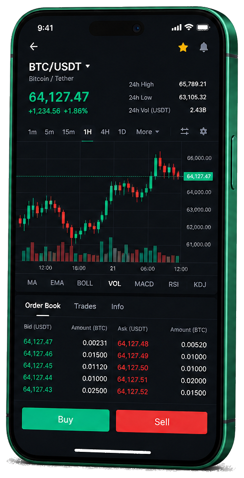Interface mobile de trading Helios Handel — cours BTC/USDT en temps réel, carnet d’ordres et outils de suivi des transactions